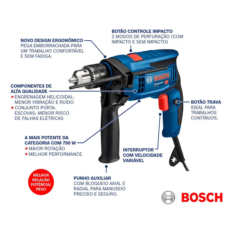 Furadeira de Impacto Profissional Bosch 750W GSB 13 RE 127V