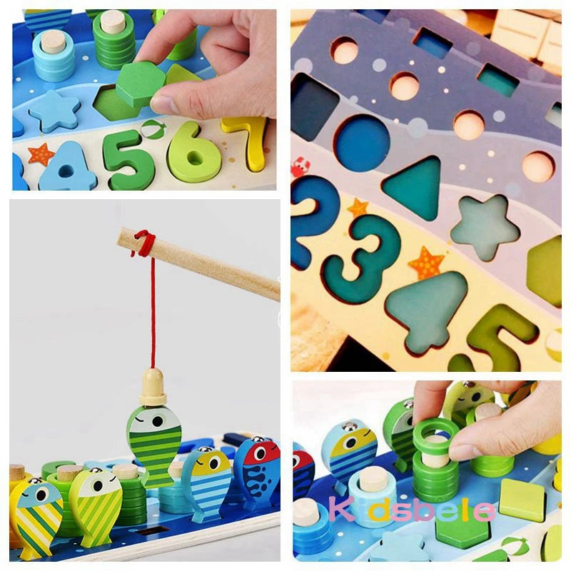 Brinquedos de matemática Montessori para crianças Brinquedos educativos de pesca de quebra-cabeça de madeira Contagem de números Forma Combinando jogos classificadores Brinquedo de tabuleiro