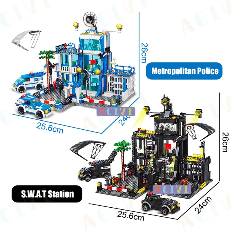 Estação de polícia militar cidade modelo conjunto prisão carro policial barco figuras blocos de construção brinquedo diy para crianças meninos gifs