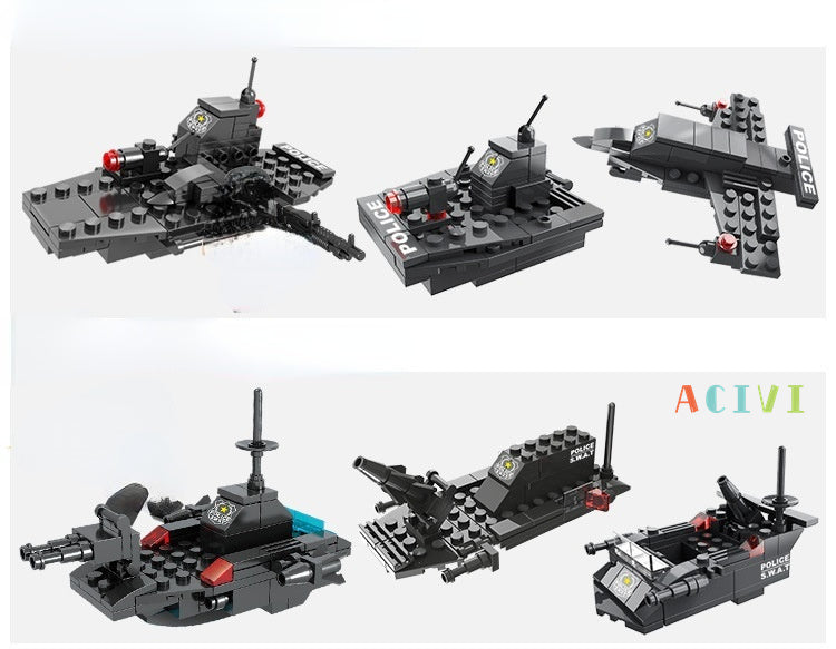 Estação de polícia militar cidade modelo conjunto prisão carro policial barco figuras blocos de construção brinquedo diy para crianças meninos gifs