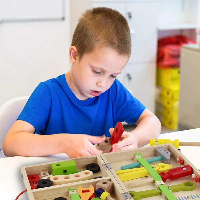 Educacional montessori crianças brinquedos de plástico caixa de ferramentas de madeira fingir jogar conjunto crianças porca parafuso montagem simulação carpinteiro ferramenta